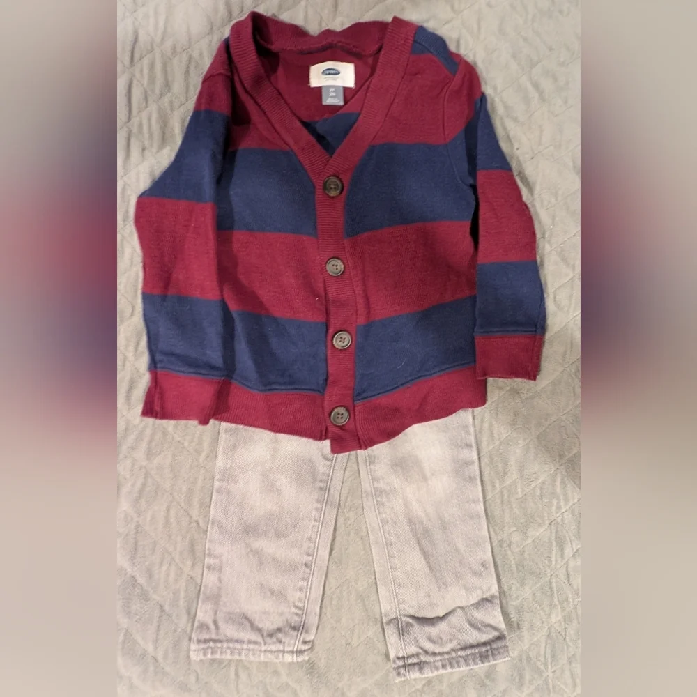 2T Striped Blue and Red Kids Cardigan With Jeans